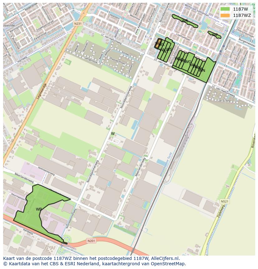 Afbeelding van het postcodegebied 1187 WZ op de kaart.