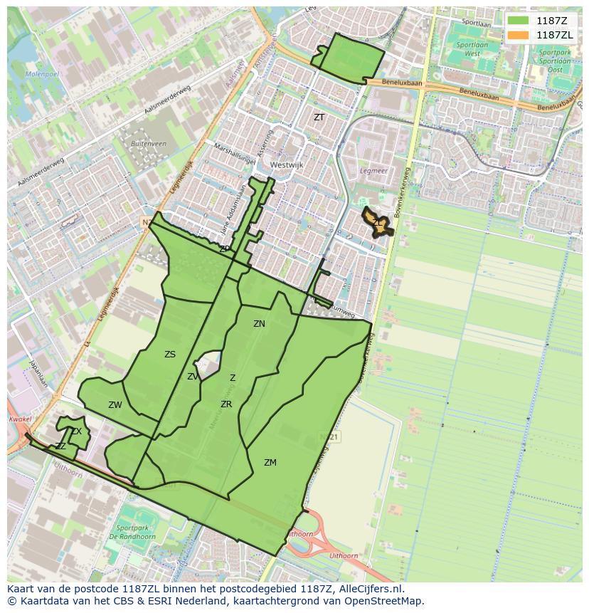 Afbeelding van het postcodegebied 1187 ZL op de kaart.