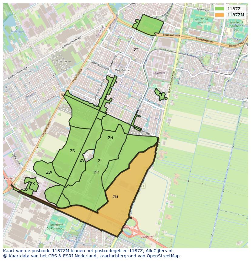 Afbeelding van het postcodegebied 1187 ZM op de kaart.