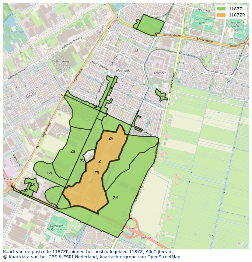 Afbeelding van het postcodegebied 1187 ZR op de kaart.
