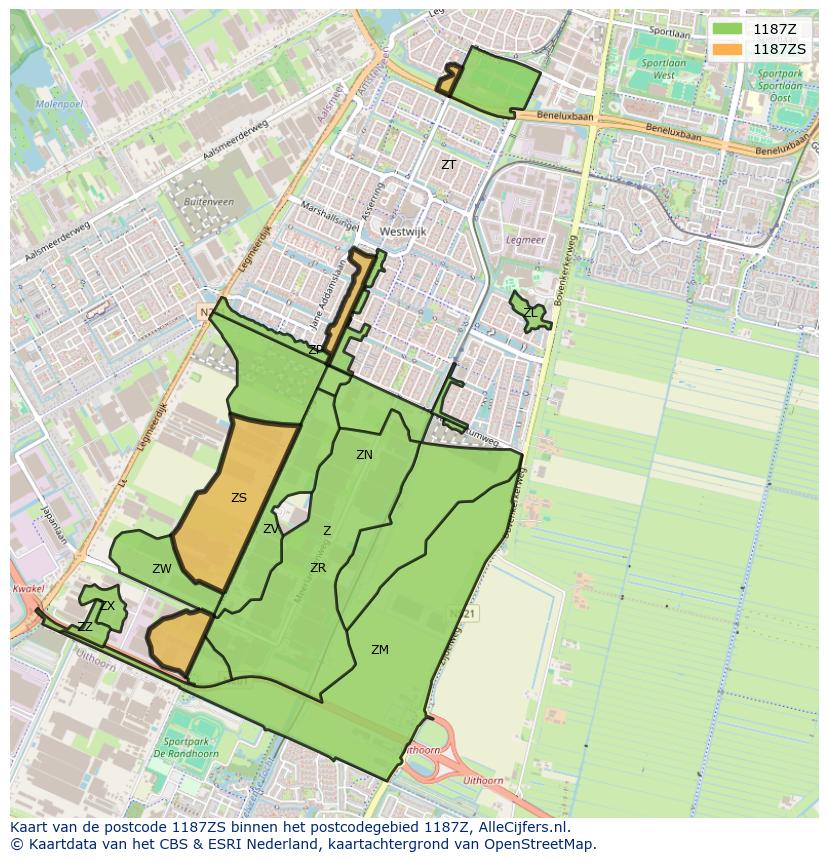 Afbeelding van het postcodegebied 1187 ZS op de kaart.