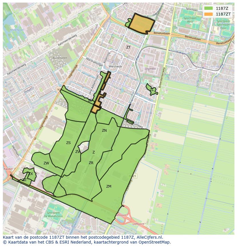 Afbeelding van het postcodegebied 1187 ZT op de kaart.
