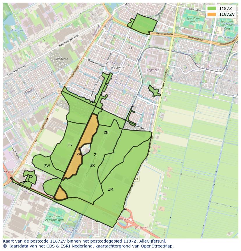 Afbeelding van het postcodegebied 1187 ZV op de kaart.