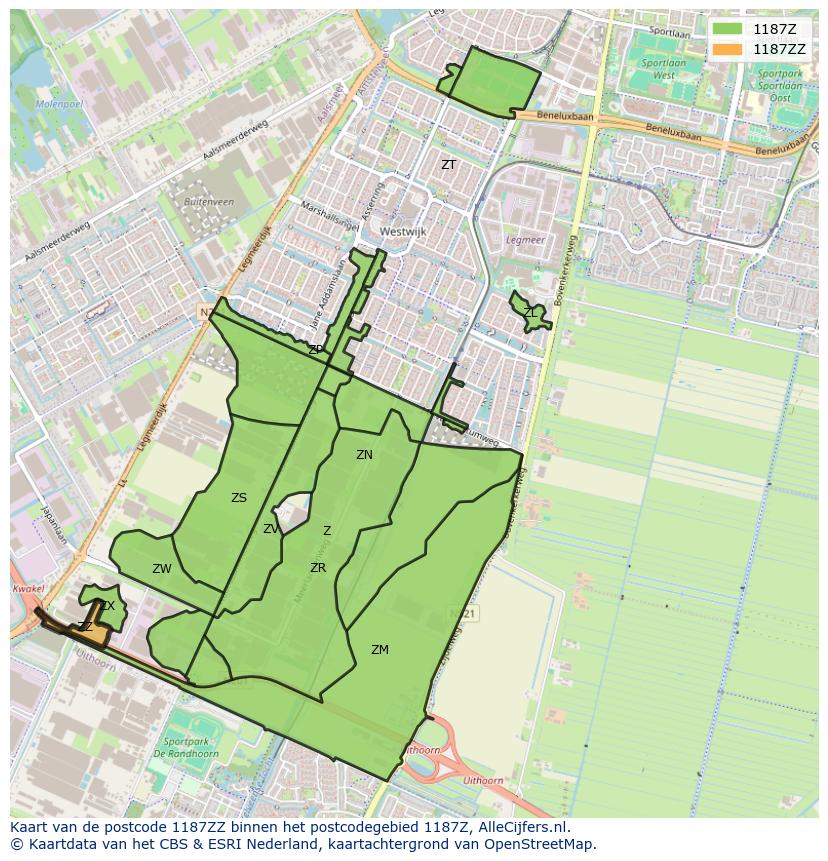 Afbeelding van het postcodegebied 1187 ZZ op de kaart.