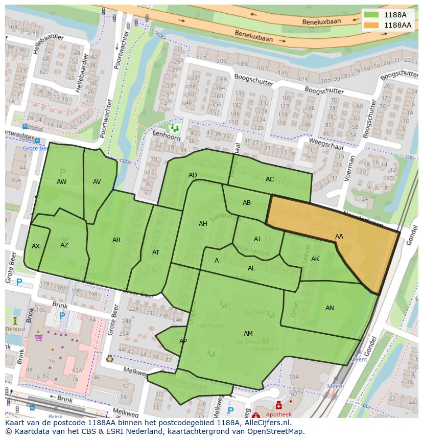 Afbeelding van het postcodegebied 1188 AA op de kaart.