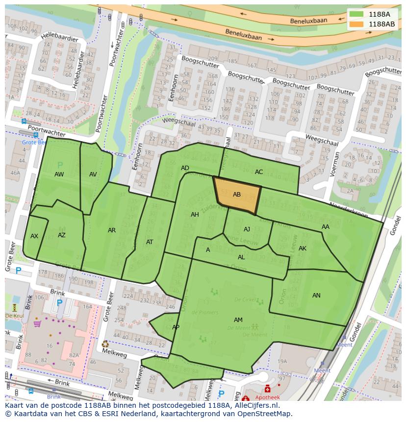 Afbeelding van het postcodegebied 1188 AB op de kaart.