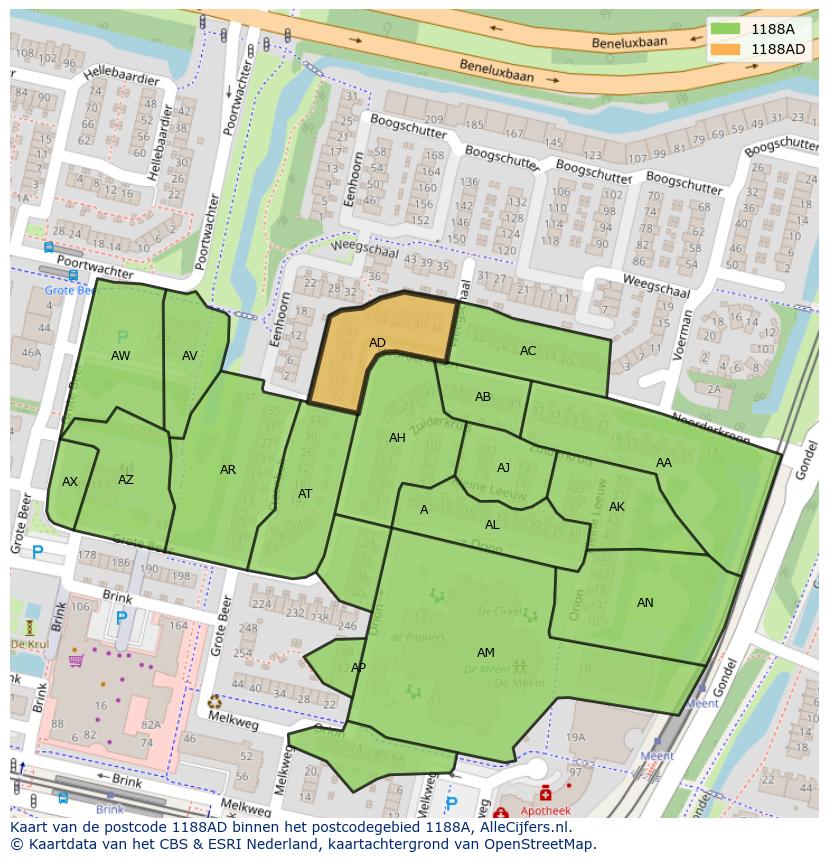 Afbeelding van het postcodegebied 1188 AD op de kaart.