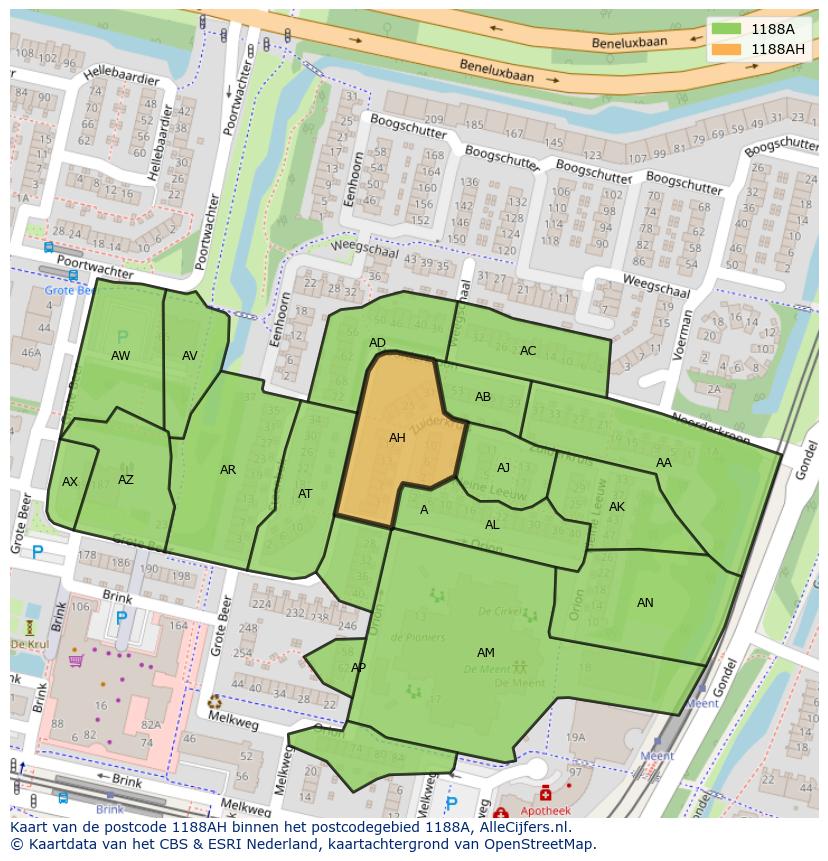 Afbeelding van het postcodegebied 1188 AH op de kaart.