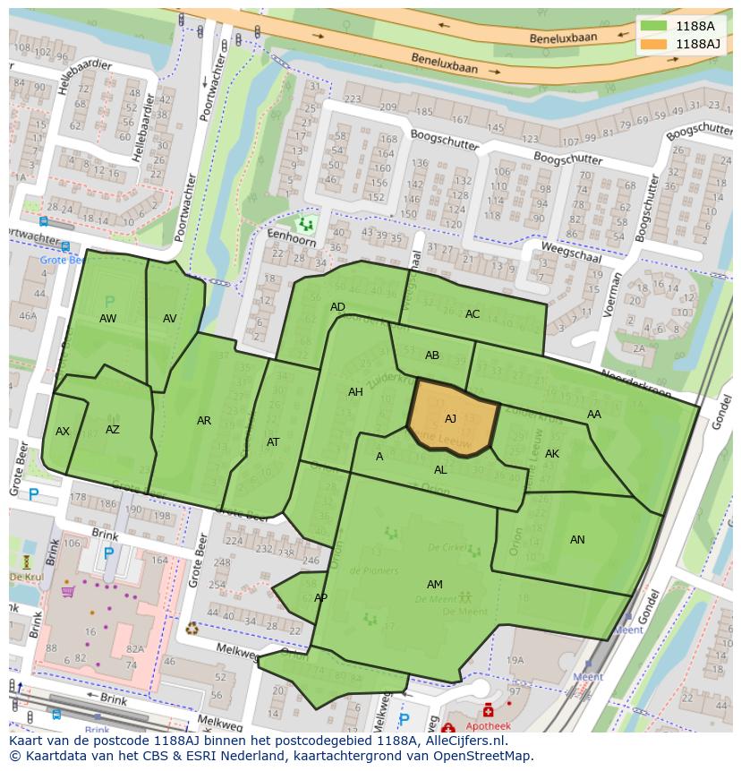Afbeelding van het postcodegebied 1188 AJ op de kaart.