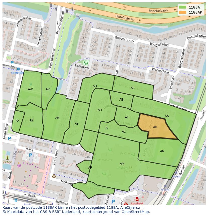 Afbeelding van het postcodegebied 1188 AK op de kaart.