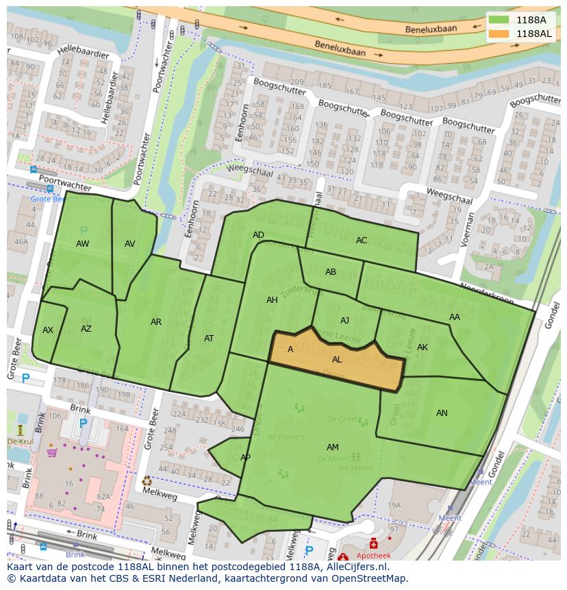 Afbeelding van het postcodegebied 1188 AL op de kaart.
