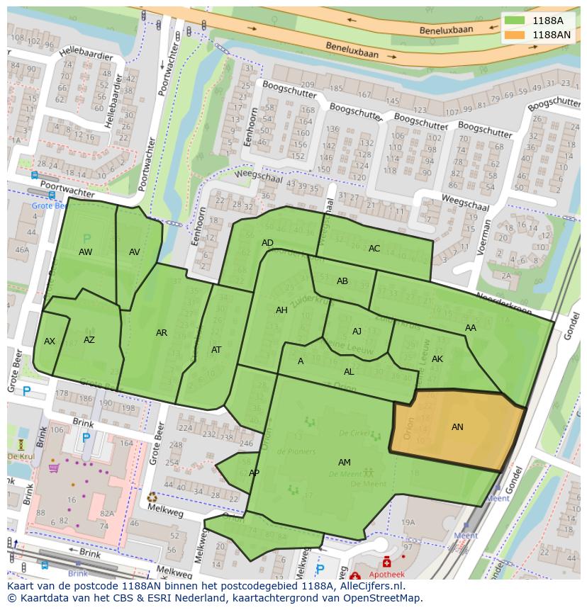 Afbeelding van het postcodegebied 1188 AN op de kaart.