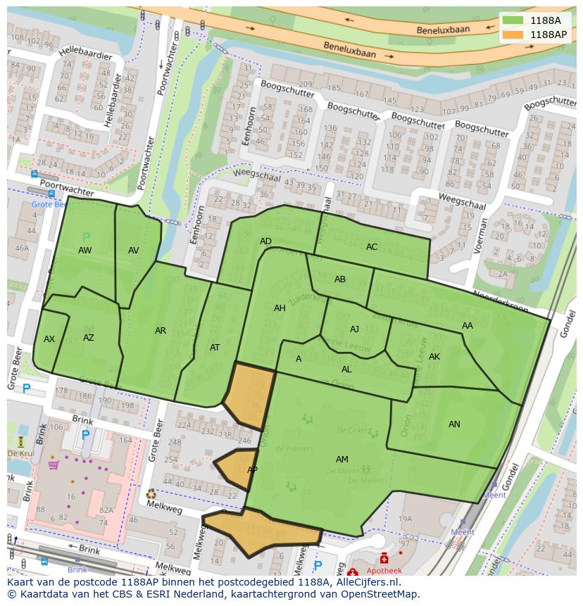Afbeelding van het postcodegebied 1188 AP op de kaart.