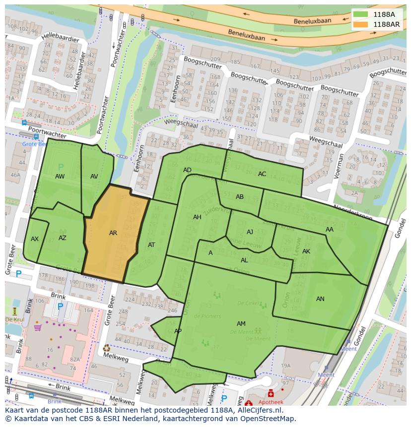 Afbeelding van het postcodegebied 1188 AR op de kaart.