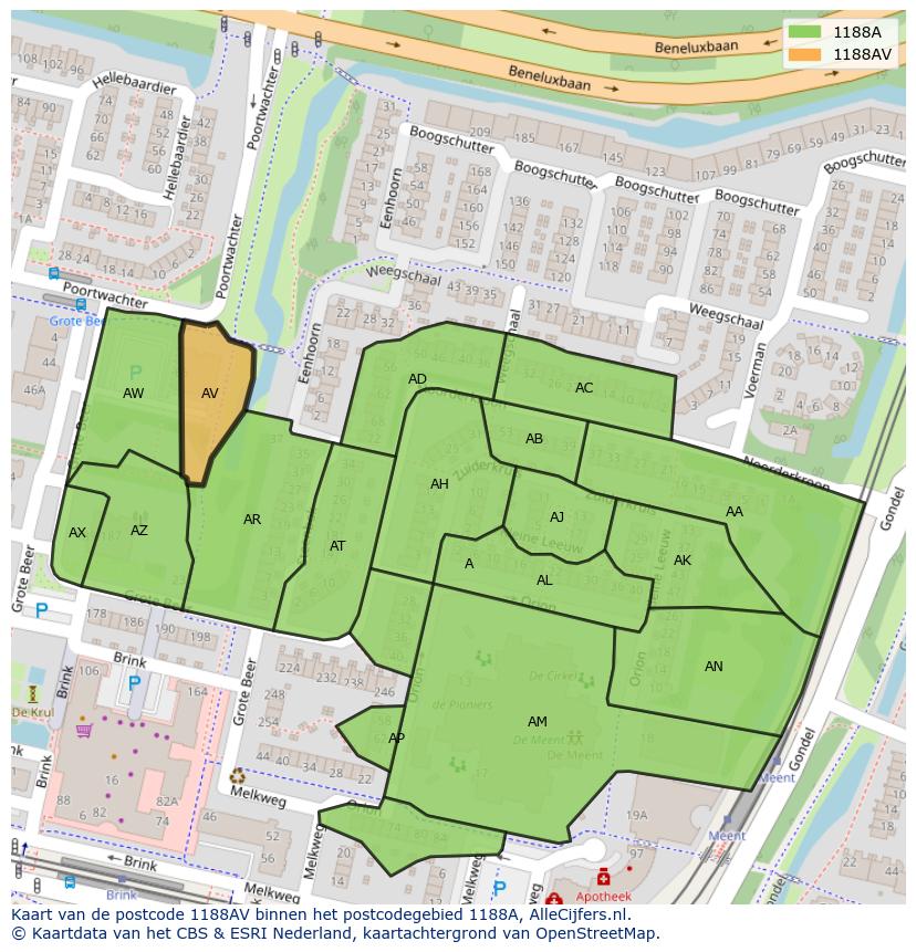 Afbeelding van het postcodegebied 1188 AV op de kaart.