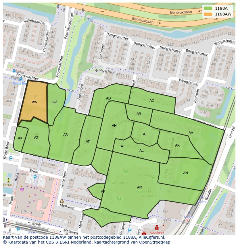 Afbeelding van het postcodegebied 1188 AW op de kaart.