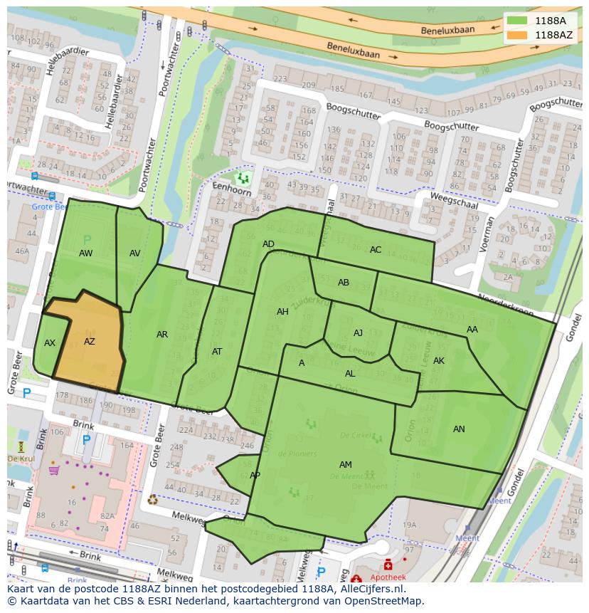 Afbeelding van het postcodegebied 1188 AZ op de kaart.