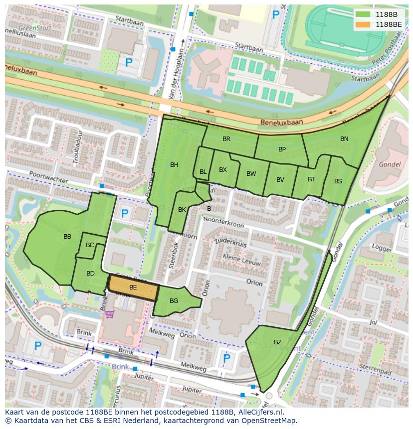 Afbeelding van het postcodegebied 1188 BE op de kaart.
