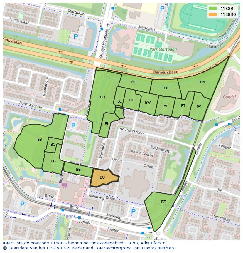 Afbeelding van het postcodegebied 1188 BG op de kaart.