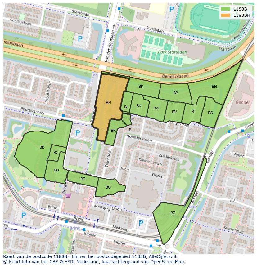 Afbeelding van het postcodegebied 1188 BH op de kaart.