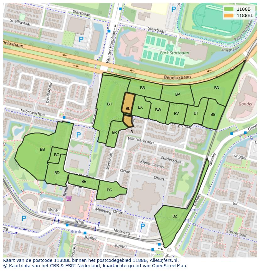 Afbeelding van het postcodegebied 1188 BL op de kaart.