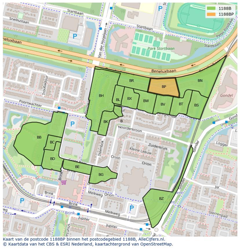 Afbeelding van het postcodegebied 1188 BP op de kaart.
