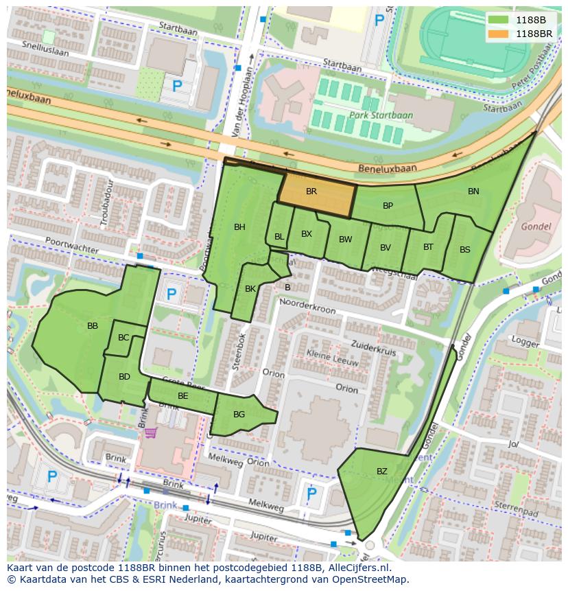 Afbeelding van het postcodegebied 1188 BR op de kaart.