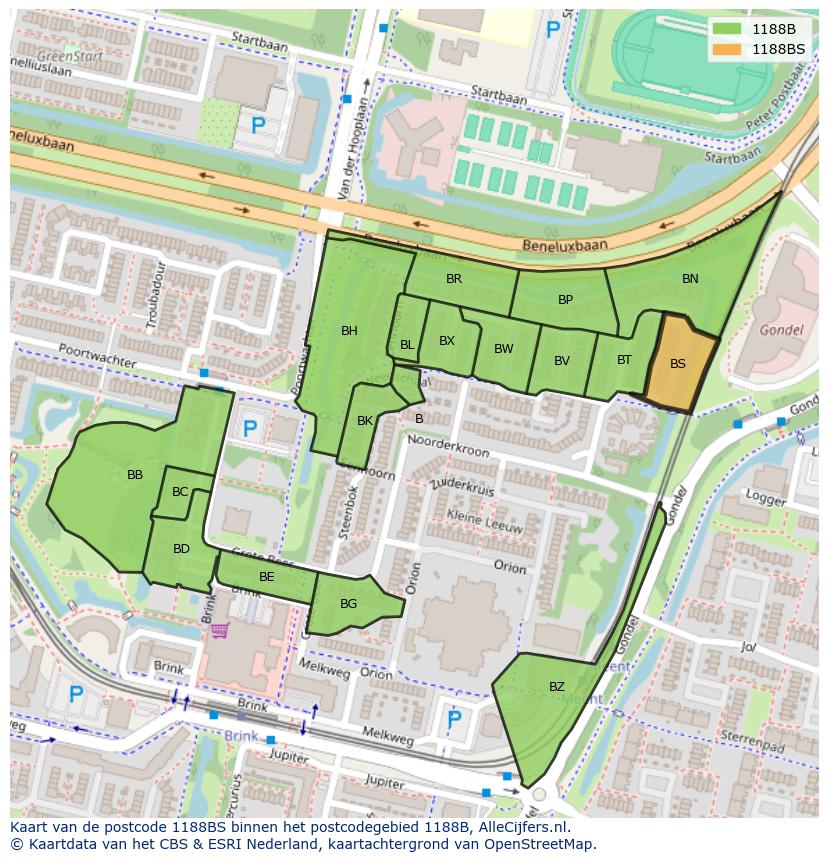 Afbeelding van het postcodegebied 1188 BS op de kaart.