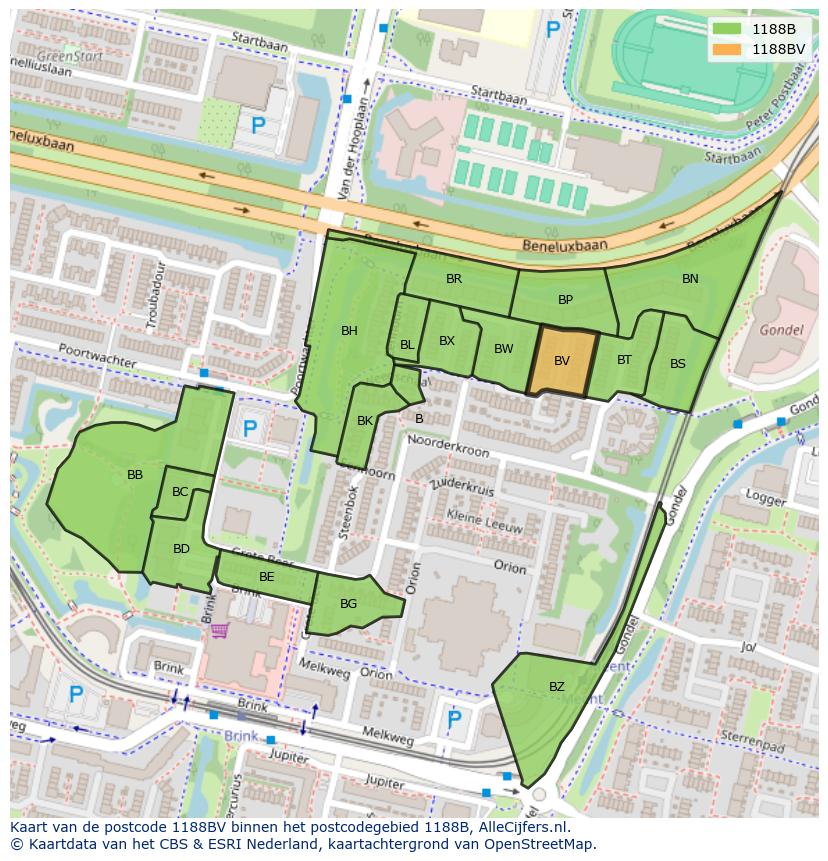 Afbeelding van het postcodegebied 1188 BV op de kaart.