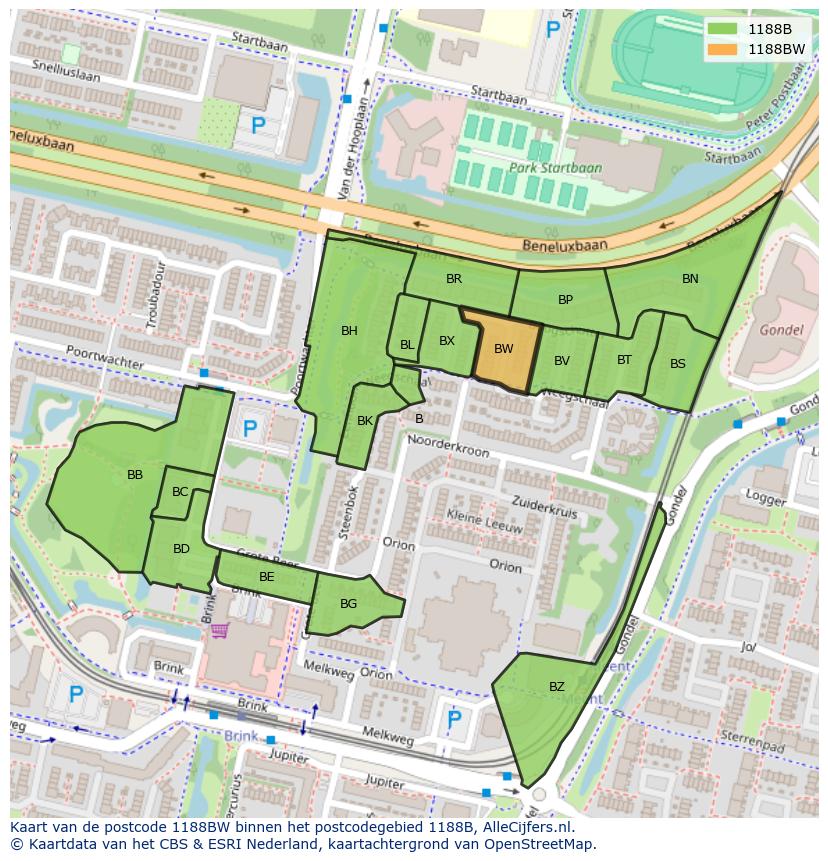Afbeelding van het postcodegebied 1188 BW op de kaart.