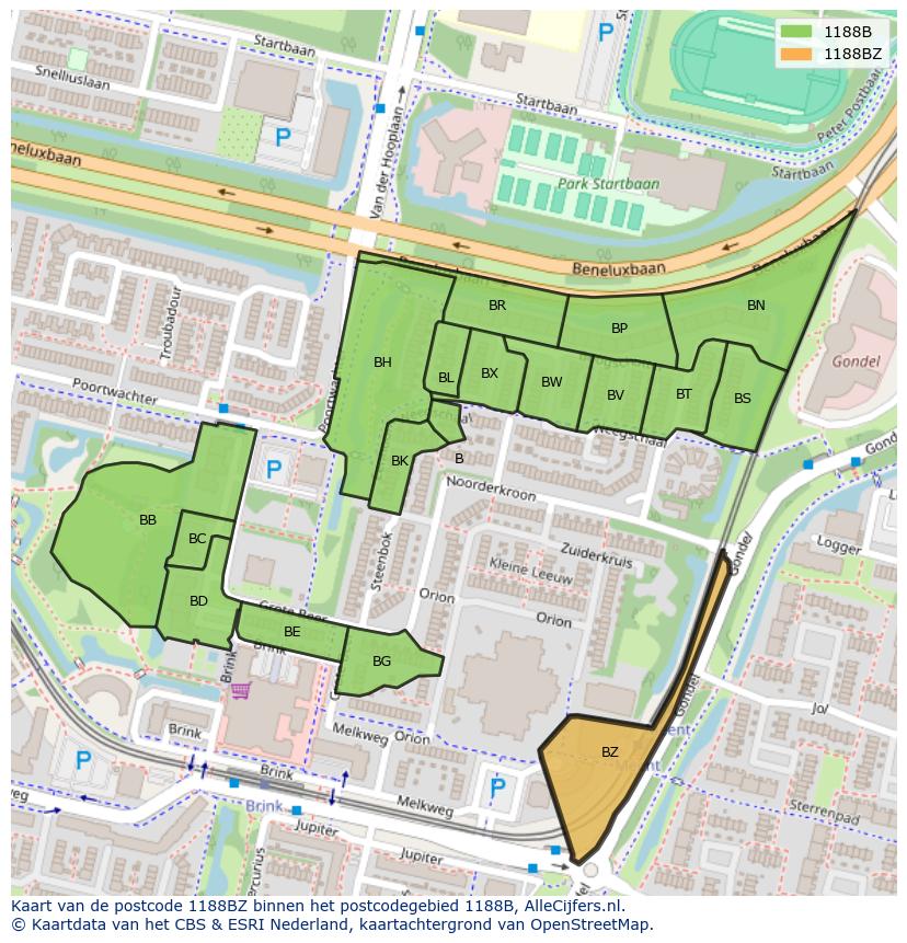 Afbeelding van het postcodegebied 1188 BZ op de kaart.