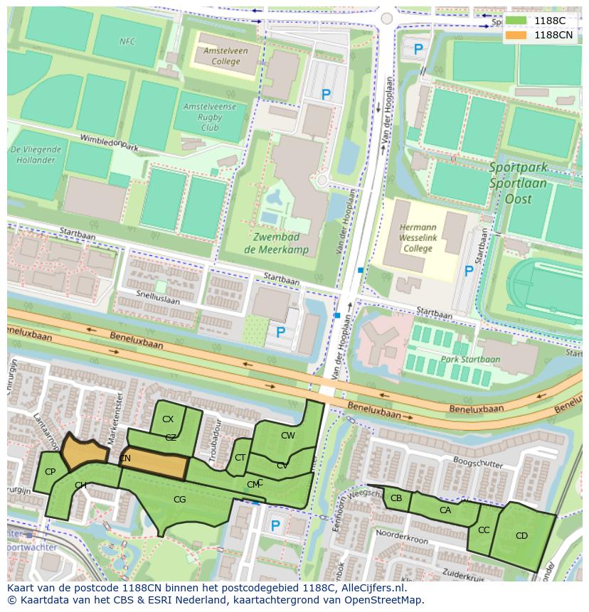 Afbeelding van het postcodegebied 1188 CN op de kaart.