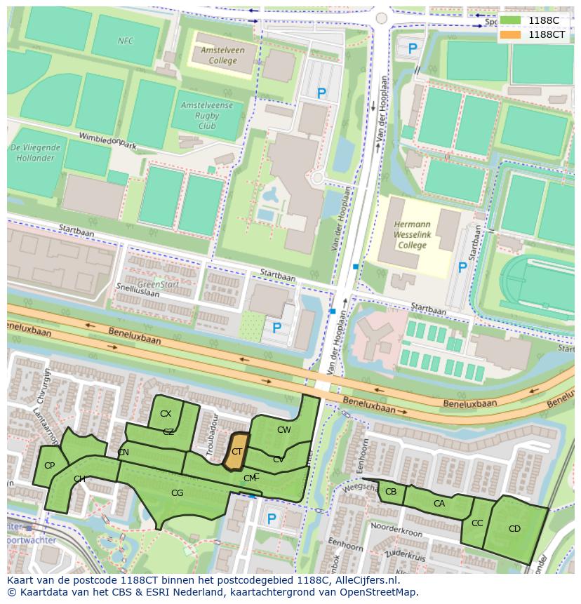 Afbeelding van het postcodegebied 1188 CT op de kaart.