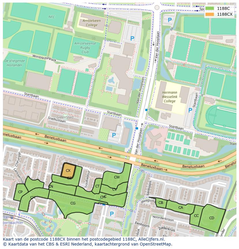 Afbeelding van het postcodegebied 1188 CX op de kaart.