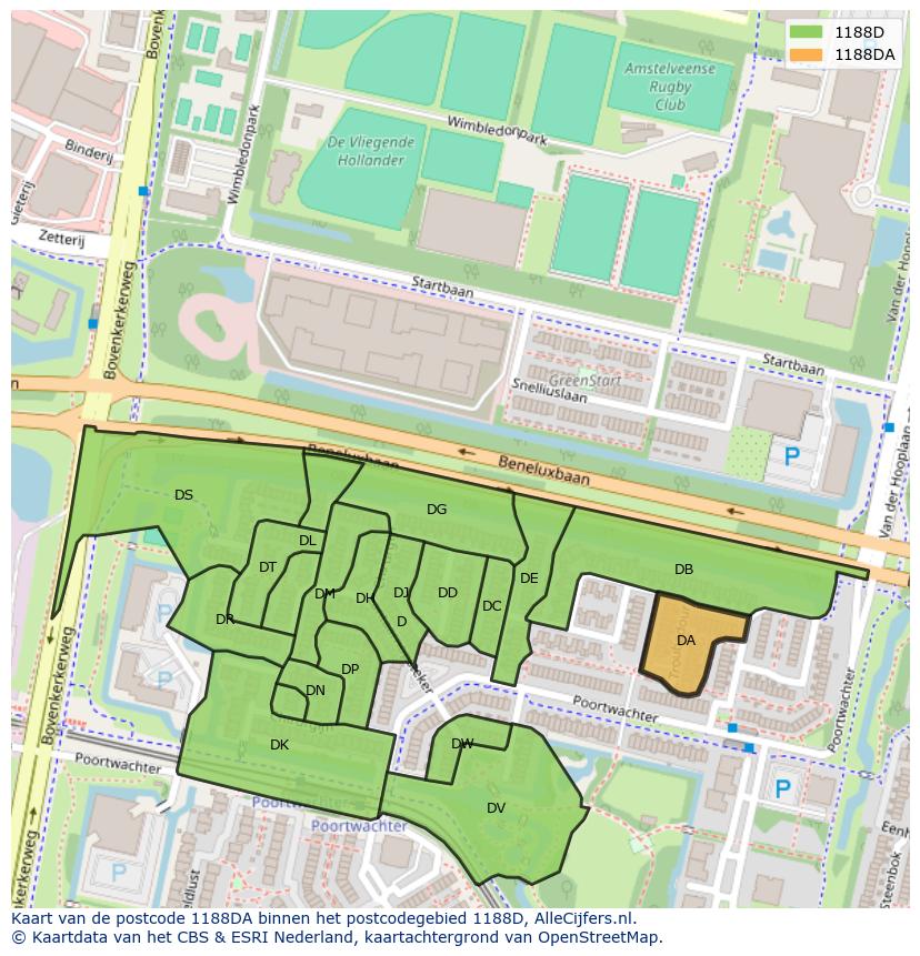 Afbeelding van het postcodegebied 1188 DA op de kaart.