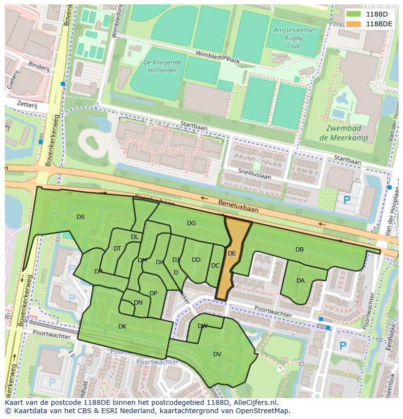 Afbeelding van het postcodegebied 1188 DE op de kaart.