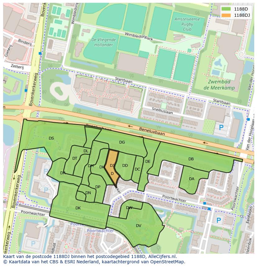 Afbeelding van het postcodegebied 1188 DJ op de kaart.