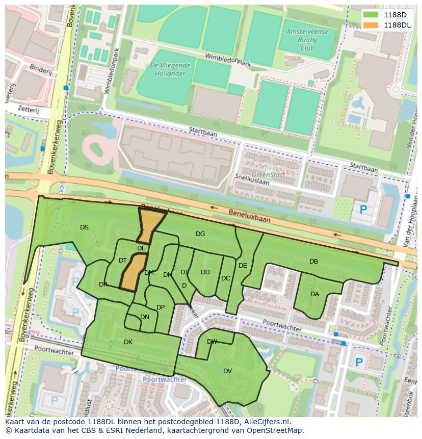 Afbeelding van het postcodegebied 1188 DL op de kaart.