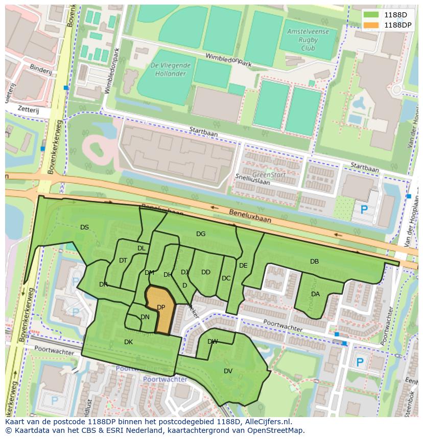 Afbeelding van het postcodegebied 1188 DP op de kaart.