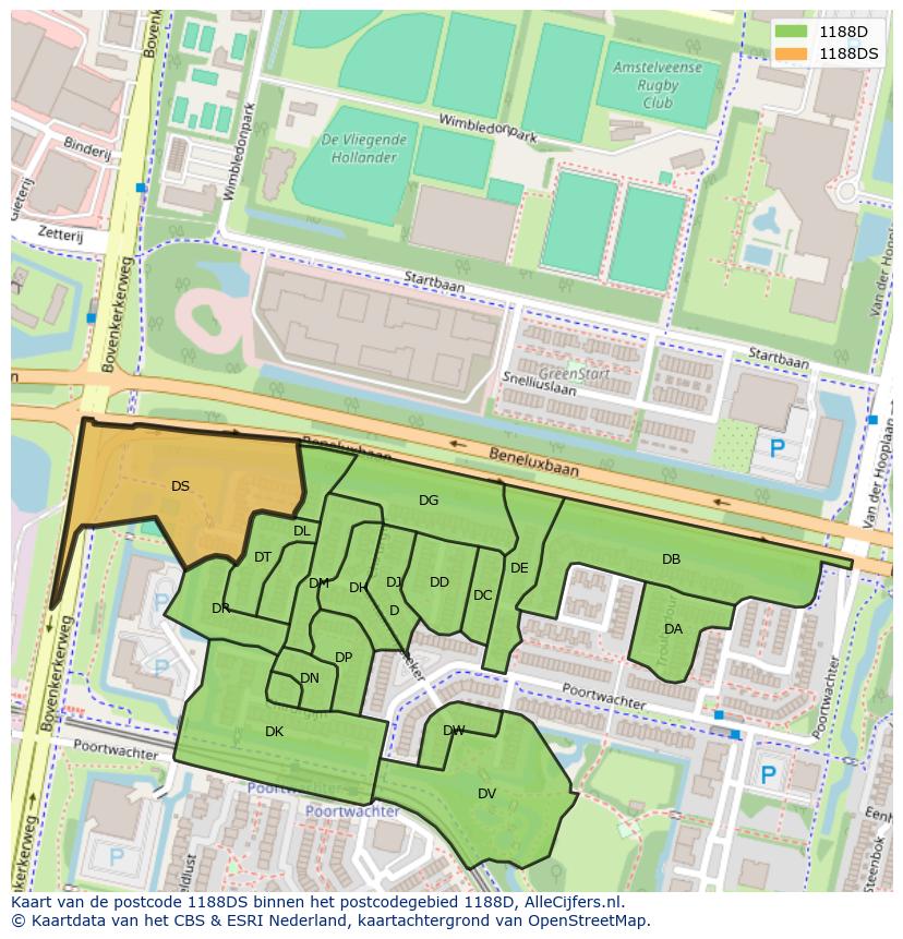 Afbeelding van het postcodegebied 1188 DS op de kaart.