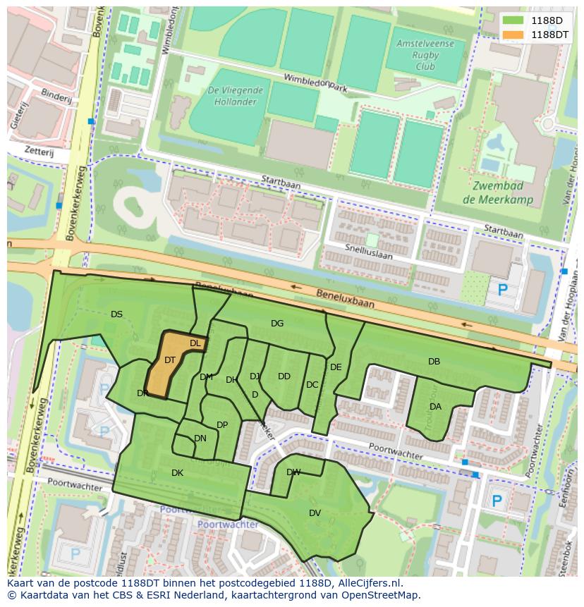 Afbeelding van het postcodegebied 1188 DT op de kaart.