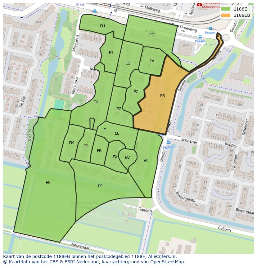 Afbeelding van het postcodegebied 1188 EB op de kaart.