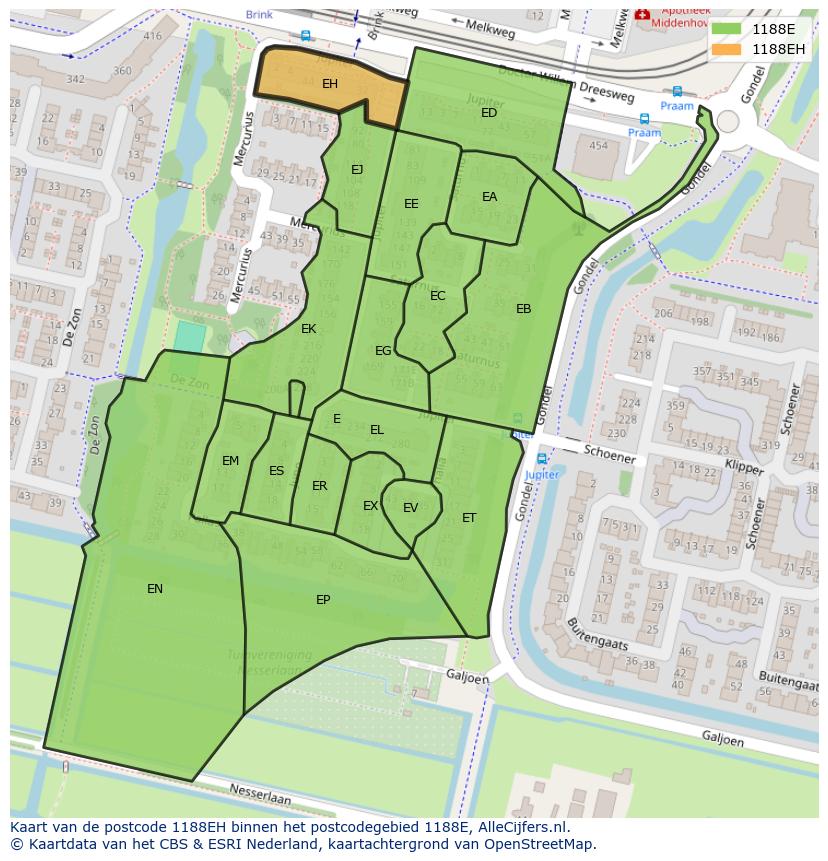 Afbeelding van het postcodegebied 1188 EH op de kaart.