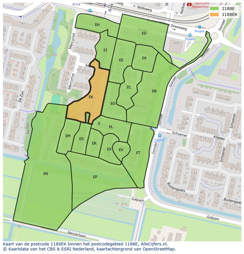 Afbeelding van het postcodegebied 1188 EK op de kaart.