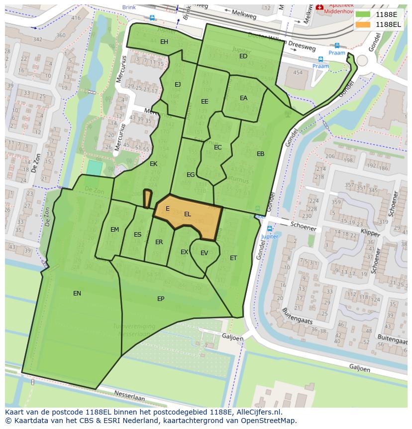 Afbeelding van het postcodegebied 1188 EL op de kaart.