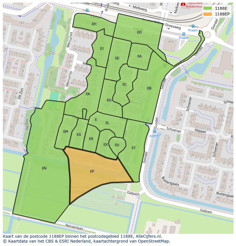 Afbeelding van het postcodegebied 1188 EP op de kaart.