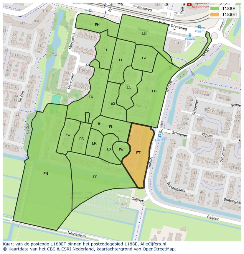 Afbeelding van het postcodegebied 1188 ET op de kaart.