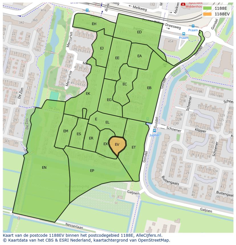 Afbeelding van het postcodegebied 1188 EV op de kaart.