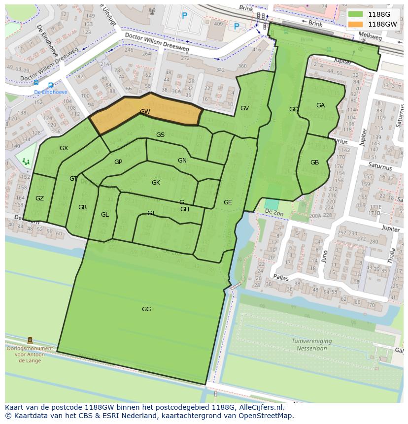 Afbeelding van het postcodegebied 1188 GW op de kaart.