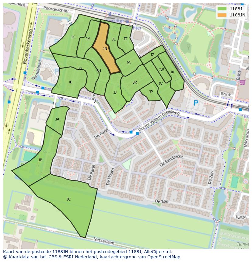 Afbeelding van het postcodegebied 1188 JN op de kaart.